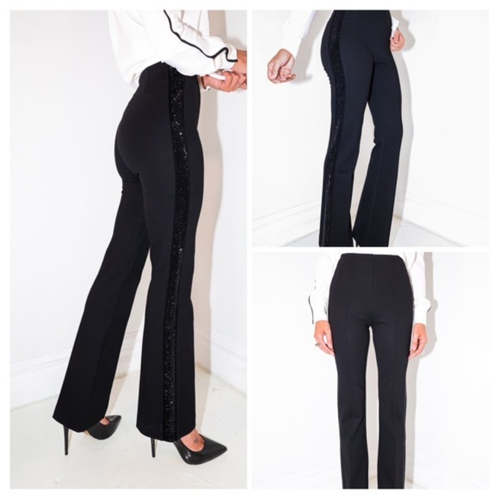 Lysse Flare Pants Women‎ XS Black Rhinestone Tuxedo Stripe High Rise Stretch NWT